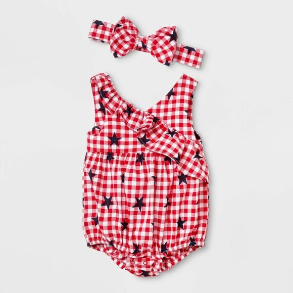 Baby Girls Red Gingham Star Print Sleeveless Romper W/ Matching Bow By Cat & Jac - Picture 1 of 2